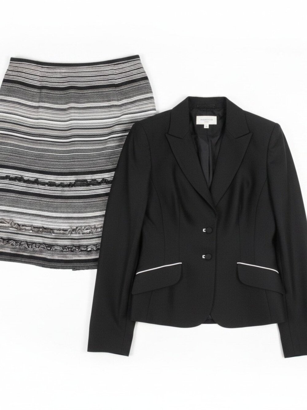 Vintage Kay Unger 100% Silk 2 Piece Suit Black Jacket Striped Skirt Womens 8
